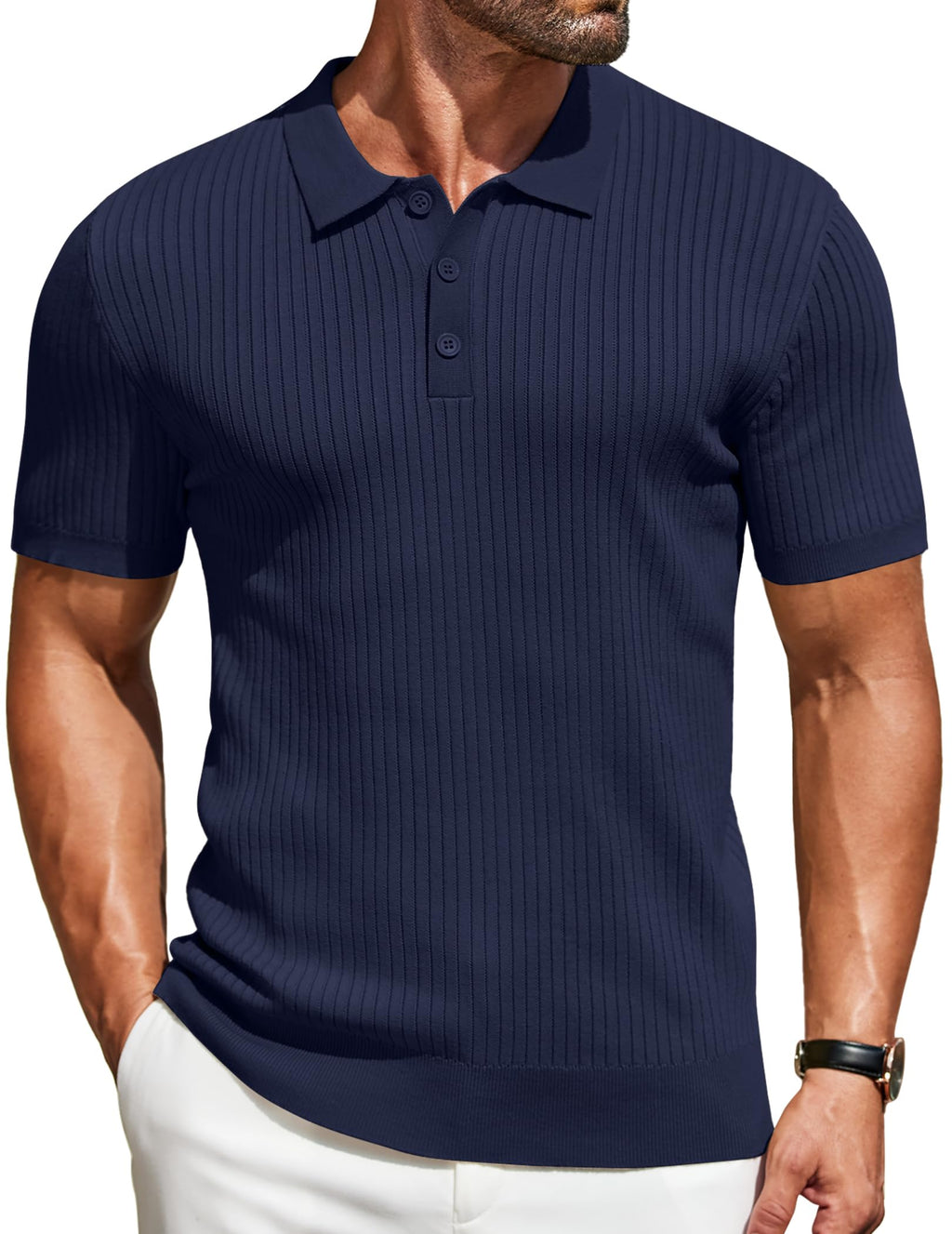 COOFANDY Slim Fit Polo Shirts for Men Mens Golf Polos Mens Classic Golf Shirt Knit Striped Texture Shirts Navy Blue